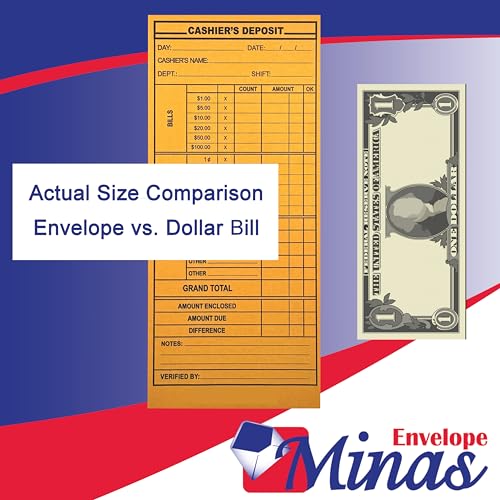 500 Minas Envelope Cashier Deposit Report Envelopes, 4 1/8" x 9 1/2", Sturdy 24lb. Kraft Paper, Cash Drop Envelope with Gum Flap for Hotels, Small Businesses, Retailers, Restaurants
