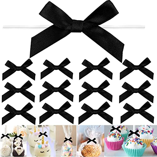 100 Pack 3" Black Satin Twist Tie Bows, Twist Bows for Treats, Ribbon Bow with Twist Ties Gift Wrap Bows, Pretied Bow Ties for Cake Pops, Baby Shower, Sweets Packaging, Party Favors Gifts By GUIFIER - color: Black, size: 100 Pack