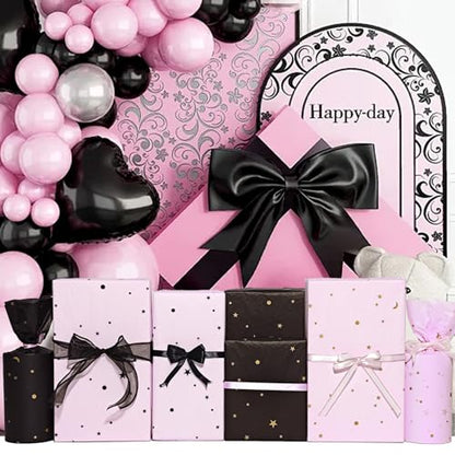 Tissue Paper, Metallic Moon and Star Gift Wrapping Tissue Paper for Gift Bags Bouquets, Chic Pink Black Packaging Materials for Birthday, Christmas Holiday DIY Art Projects,30 Sheets 20x14in - color: Black Pink 30P