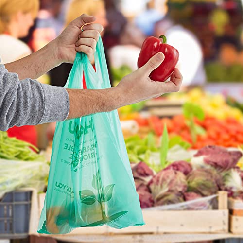 Pack of 50 T-Shirt Bags with Handles 22" x 12" Green Biodegradable Plastic Shopping Thank You Bags for Supermarket Groceries Retail Store Restaurant Small Business and On The Go Use - style: 50 pcs