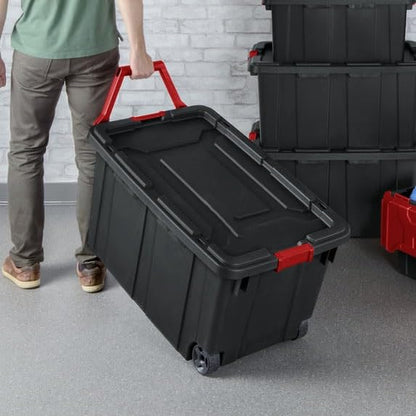 40 gallon plastic storage box, gray stackable storage container with snap-on lid, suitable for garage, attic, basement and warehouse.
