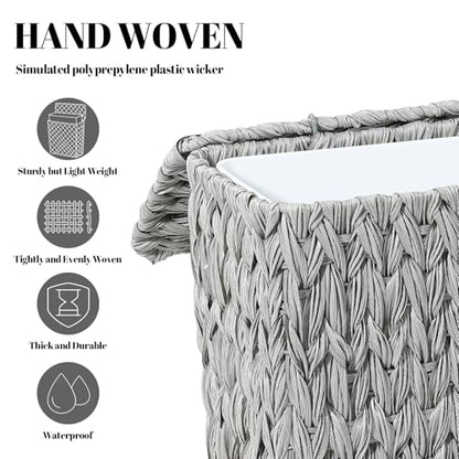 Coeusy Wicker Trash Can with Lid & Liner, Small Bathroom Waste Basket, Grey - color: grey