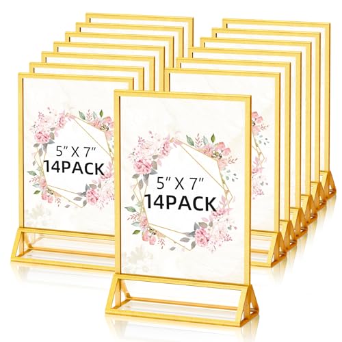 PPH-Sisy 5x7 Acrylic Sign Holder, 14 Pack Gold Picture Frame Double-Sided Clear Acrylic Sign Holder Flyer Menu Holder, Wedding Table Number Stands, Photo Frames for Office Home Event