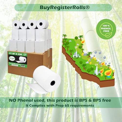 Phenol Free Thermal Paper (32 Rolls) 3 1/8 x 230 Receipt Rolls fits all Clover POS Cash Register Printers, Star Micronics SCP700 TSP100 TSP300 TSP400 (BPA & BPS Free) from BuyRegisterRolls - size: Pack of 32, style: Phenol Free Thermal