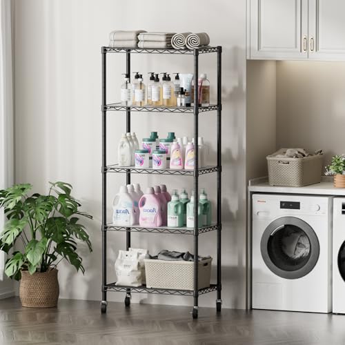 SINGAYE 5 Shelves Storage Wire Shelf Closet Metal Shelving Pantry Wheels - color: Black, size: 5Tier/14"D X 24"W X 61"H