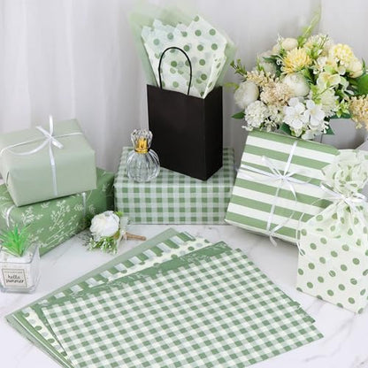 BEISHIDA 100 Sheets Green Tissue Paper Bulk,Botanical Dots Stripes Gingham Wrapping Tissue Paper for Gift Bags, 14 x 20 Inch Gift Wrap for Spring Birthday Baby Shower Wedding DIY Crafts - color: sagegreen100