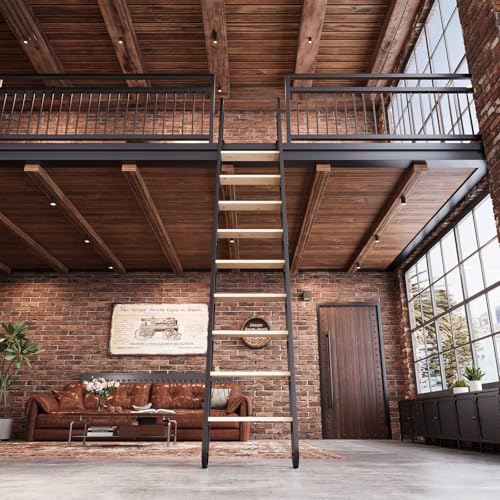 11.35FT Industrial Style Loft Ladder, 9 Steps with Black Steel Handrails & Solid Wood Steps, 450lbs Capacity, Fits 9.2-10FT Installation Height,for Attic, Kitchen, Warehouse,Bookshelf& Outdoor - size: 11.35 FT - 9Steps