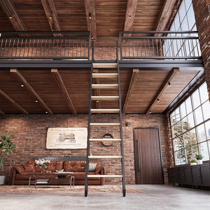 11.35FT Industrial Style Loft Ladder, 9 Steps with Black Steel Handrails & Solid Wood Steps, 450lbs Capacity, Fits 9.2-10FT Installation Height,for Attic, Kitchen, Warehouse,Bookshelf& Outdoor - size: 11.35 FT - 9Steps