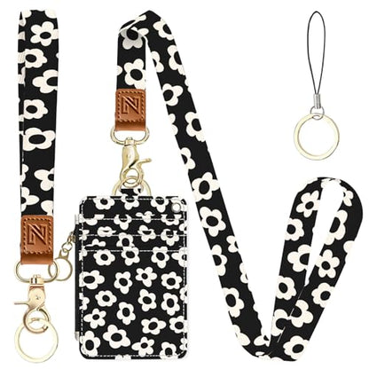 2-in-1 ID Badge Holder & Lanyard Wallet，Cute Zippered Pouch Flowers 4 - color: Black and White Flowers
