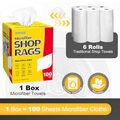 UNIMADE Shop Rags, 100 Sheets Microfiber Cleaning Cloth - color: White