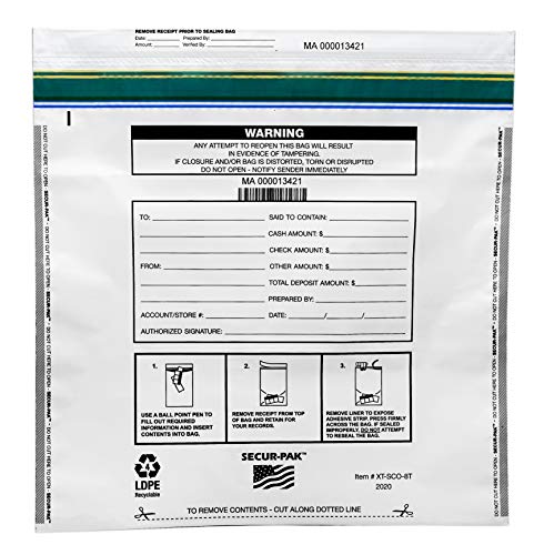 Secur-Pak Deposit Bags - Pack of 100 - Bill Capacity - color: White, size: 20x20 (8000 cap)
