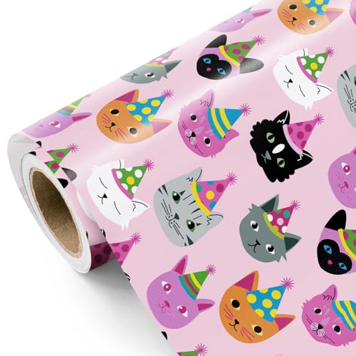 WRAPAHOLIC Kitty Cat Wrapping Paper Roll - Mini Roll - 17 Inch x 33 Feet - Pink Adorable Birthday Kitty Design, Perfect for Kids Girls Birthday, Baby Shower, Cat Lover - color: Birthday - Pink Cat