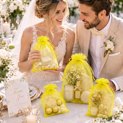 FUNFERY 100PCS Lemon Yellow Sheer Organza Bags 5x7 in, Goodie Bags Bulk - color: Lemon Yellow