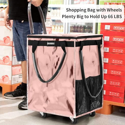 (Medium,Rose Gold) Reusable Grocery Bag on Wheels, Foldable Rolling Tote - color: Rose Gold, size: Medium
