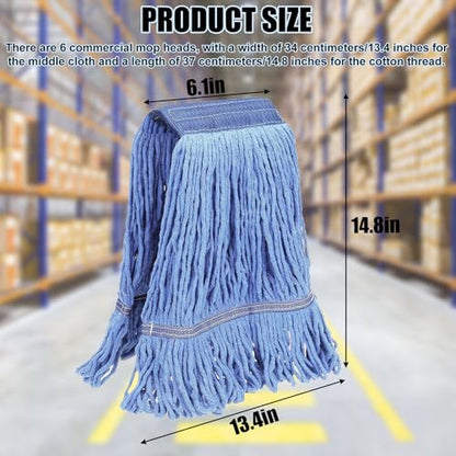 6 Pack Commercial Heavy Duty Mop Head Replacement, Blue Cotton Mopheads