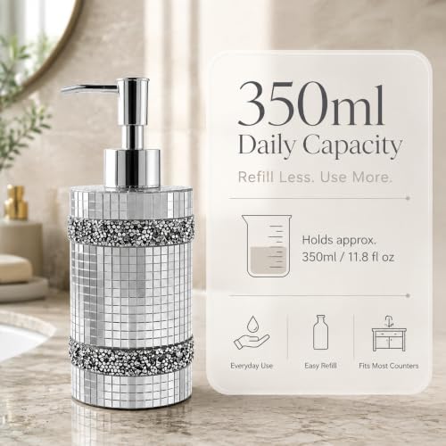 Silver Soap Dispenser，Mosaic Glass Decoration, 12oz Refillable - size: Soap Dispenser