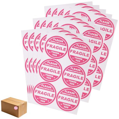 300Pcs 2 Inch Pink Round Fragile Stickers Adhesive Handle with Care Thank You Labels for Shipping Mailing Cartons Pallets