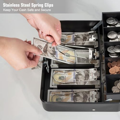 Cash Box with Key Lock and Money Tray - Metal Money Box for Cash Register, Large Cash Lock Box for Money Safe with 100PCS Coin Wrappers Assorted