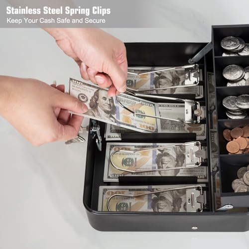Cash Box with Money Tray and Lock, Metal Money Box for Cash Register, Large Cash Lock Box for Money Safe Includes 5 Slots Coin Tray, 4 Bill Slots, 4 Keys, 11.8" x 9.4" x 3.54" Black - color: Black with 4 Keys