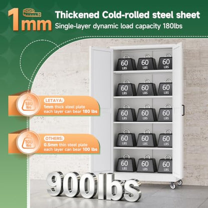 Letaya Metal Garage Storage Cabinet with Wheels,71" White Tool Steel Locker - color: White, size: 15.8”D x 32”W x 71”H