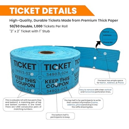 PM Company 2000 Pcs (1000 Pairs) Raffle Tickets Double Roll, 50/50 Blue - color: Blue