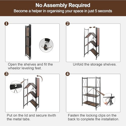 4 Tier Folding Shelf with Wheels, Wood and Metal Bookshelf - color: Brown Wooden, size: 4 Tier