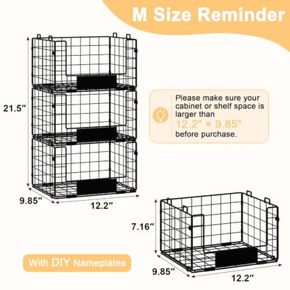 3 Pack XL Stackable Wire Baskets with Handle, Pantry Organizers and Storage - size: XL-12.2"x9.85"x21.5"