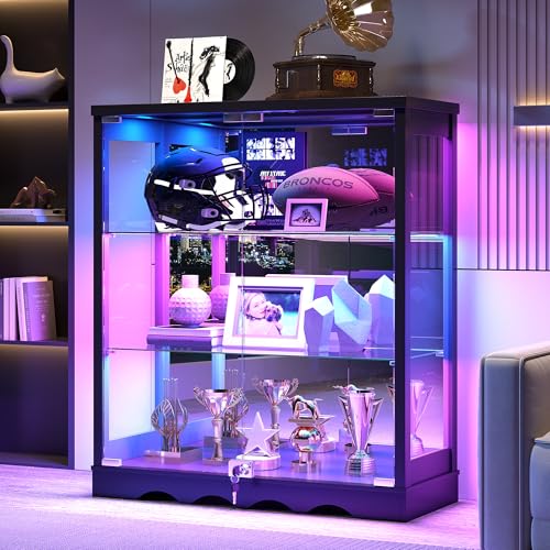 Dystler 39" Display Cabinet with Glass Doors, RGB Lights, Lock & 3-Tier - color: Black-new