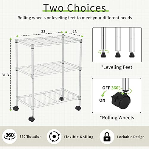 3 Tier Wire Shelving Unit with Wheels, 23 x 13 x 32 Metal Rack - color: Chrome, size: 13"D x 23"W x 31.3"H