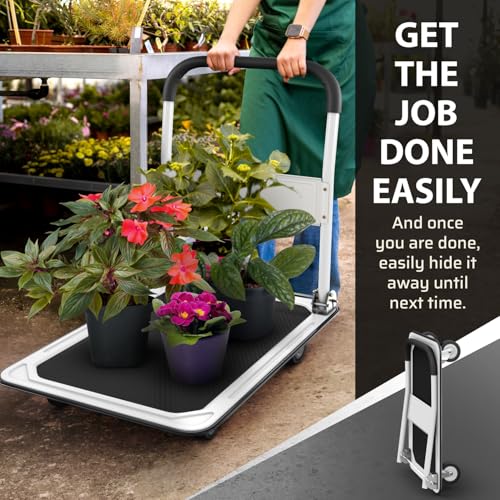 Heavy Duty Foldable Push Cart Dolly | 660 lbs. Capacity | Upgraded Collapsible Hand Truck Folding Platform with Swivel Wheels | Flat Bed Moving Wagon | Space Saving Push Handle (White) - color: White, 660 Lbs. Capacity