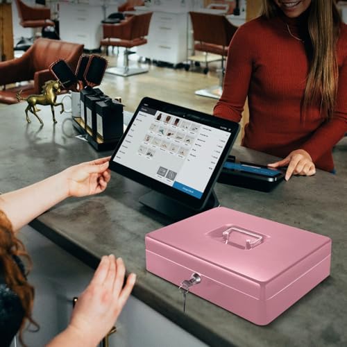 Flexzion Small Cash Box with Money Tray and Lock, 11.4-Inch, Pink - color: Pink