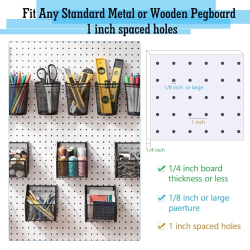 6 Set Pegboard Accessories Wall Organizer Peg Board Baskets and Cups Black Metal Pegboard Baskets and Wire Mesh Cup with Ring Hook Assortment Bin Holder for Organizing Storage Office Garage