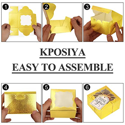 KPOSIYA 20pcs Small Cookie Boxes with Window, 4x4x2.5 Gold Bakery Box - color: Gold, size: 20
