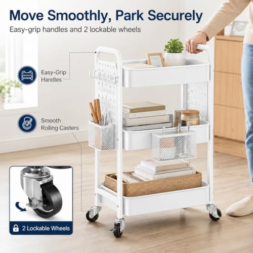 3 Tier White Rolling Storage Cart Metal with DIY Pegboard and Wheels - color: Classic White, size: 3 Tier+Pegboard