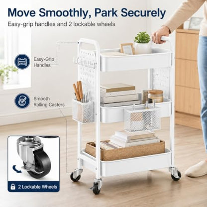 3 Tier White Rolling Storage Cart Metal with DIY Pegboard and Wheels - color: Classic White, size: 3 Tier+Pegboard