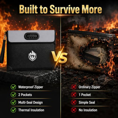 Andyer 2-Pocket Fireproof Document Bag with Lock, 6500℉ Fireproof Money Bag