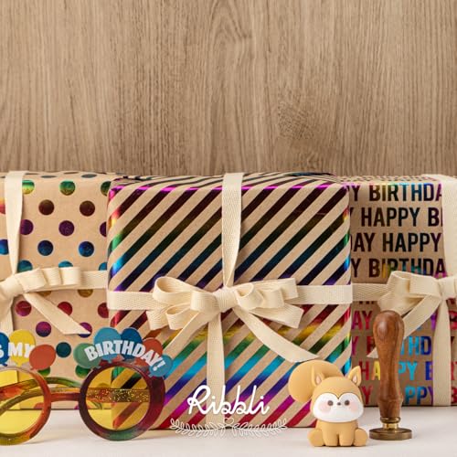 Ribbli Birthday Kraft Wrapping Paper Iridescent Gift Wrapping Paper Mini Roll, 3 Rolls Happy Birthday Polka Dots Stripes Printed Assortment - 17 inch x 120 inch(10feet) Per Roll - color: Iridescent/Brown