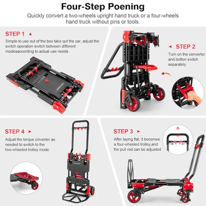 2 in 1 Folding Hand Truck, 330lbs Aluminum Portable Dolly Cart, Red - color: Red