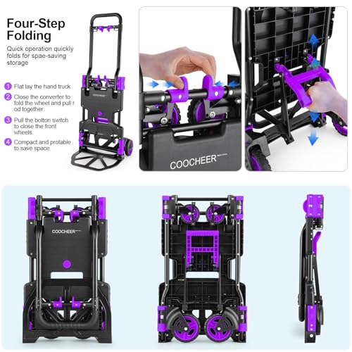 2 in 1 Folding Hand Truck, 330lbs Aluminum Portable Dolly Cart, Purple - color: Purple