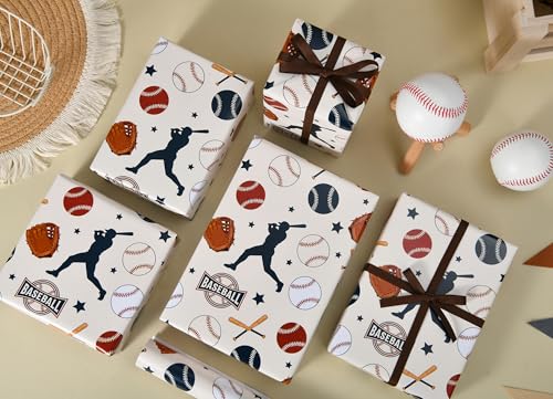 Sikiweiter Baseball Wrapping Paper Roll - 17" x 16.5 ft - Sports Themed Gift Wrap with Baseballs, Bats, Gloves & Player Silhouettes for Birthdays, Team Celebrations, and Baseball Fans(Baseball) - color: Baseball