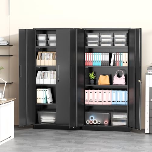 Greenvelly Storage Cabinet, 72” Black Garage Steel Locking Cabinet with Doors and 4 Adjustable Shelves, Tall Lockable File &Tool Cabinet for Home Office, Metal Classroom Cabinet Basement - color: Black, style: 72"H