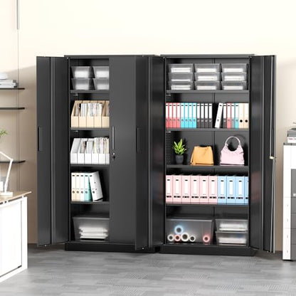 Greenvelly Storage Cabinet, 72” Black Garage Steel Locking Cabinet with Doors and 4 Adjustable Shelves, Tall Lockable File &Tool Cabinet for Home Office, Metal Classroom Cabinet Basement - color: Black, style: 72"H