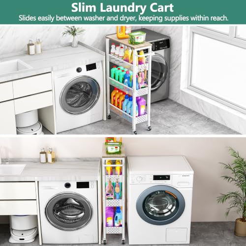 Vivihomety 4-Tier Slim Utility Rolling Laundry Cart with Wheels, Metal - color: White, size: 7.1 inch wide