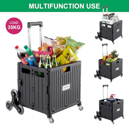 MACOPRO Foldable Utility Cart with Stair Climbing Wheels, Collapsible Rolling Crate with Telescoping Handle, Folding Shopping Trolley Handcart Grocery Book File Tool Teacher Storage Basket (Black) - color: Black