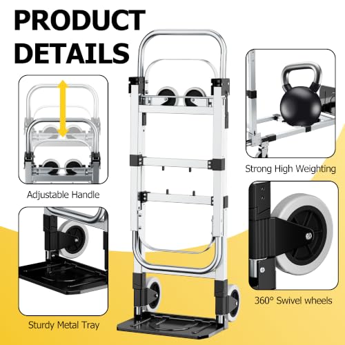 3 in 1 Folding Hand Truck, 600lbs Capacity, Heavy Duty Convertible Dolly with Retractable Handle and 4 Rubber Wheels, Collapsible Cart for Moving Home, Office, Warehouse - Silver - color: Silver-600