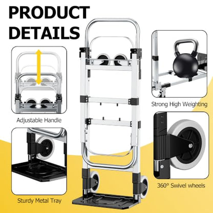 3 in 1 Folding Hand Truck, 600lbs Capacity, Heavy Duty Convertible Dolly with Retractable Handle and 4 Rubber Wheels, Collapsible Cart for Moving Home, Office, Warehouse - Silver - color: Silver-600