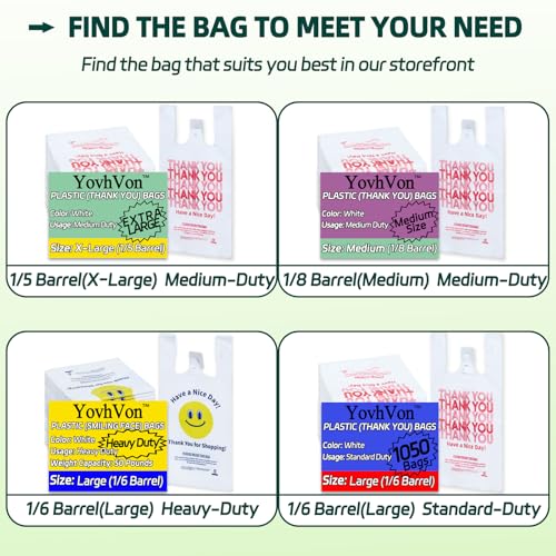 YovhVon 0.8Mil(20 Microns), 300 Count, Plastic Bags with Handles, T-Shirt bags, Thank You bags, Shopping Bag, Grocery Bag, |for Store, Carry, Pack|, White, 1/6 Barrel, Large 11"x6"x21", Heavy Duty