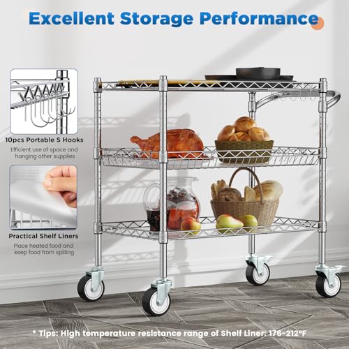 Leteuke 3 Tier Rolling Carts with Wheels, Heavy Duty Rolling Utility Cart - color: Matte Chrome