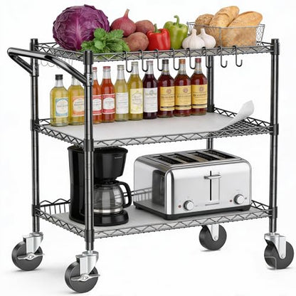1050Lbs Heavy Duty 3 Tier Rolling Utility Metal Storage Cart with Wheels - color: Black（18d X 36w X 32h, 1050lb）