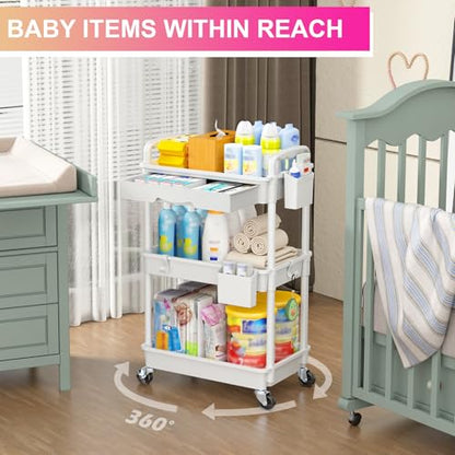 Goovilla 3 Tier Rolling Utility Cart Organizer with Removable Drawer, White - size: 3 Tier, style: White